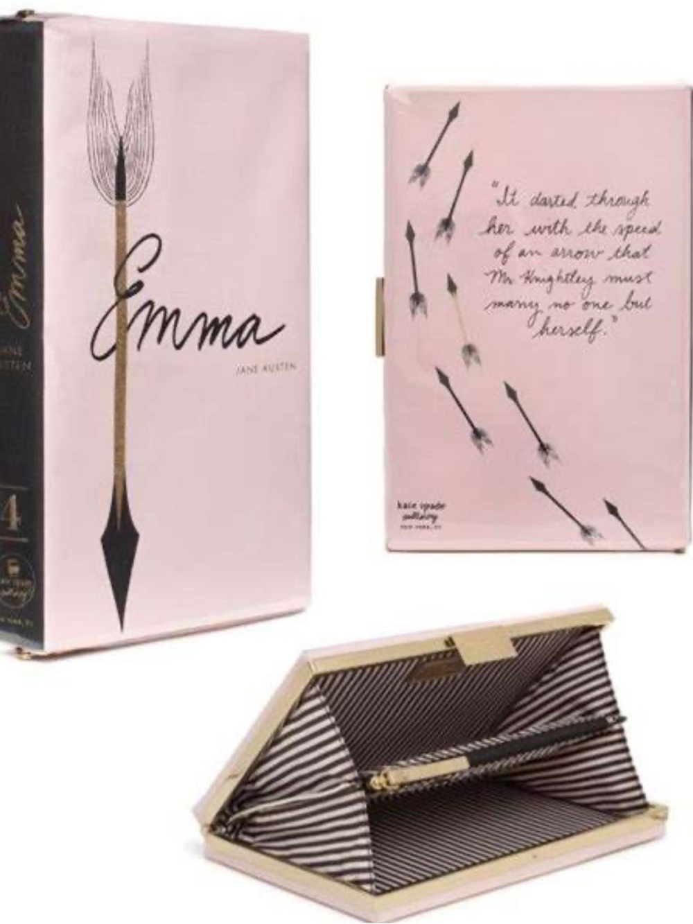 💗 kate spade Jane Austin Emma Pink Arrow-Print Book Clutch with Gold Trim